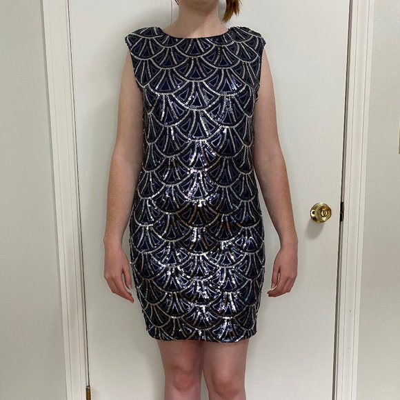 Short Blue Sequin Mini Dress; 1920s Dress, Medium - Picture 4 of 4